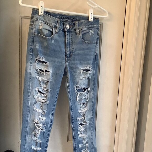 American Eagle Super Stretch Hi-Rise Jeggings DISTRESSED Women's 2 Regular - Picture 3 of 8